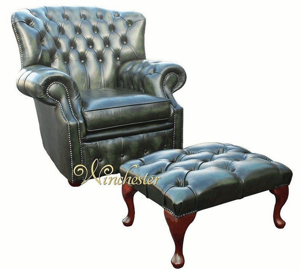 JVmoebel Ohrensessel Chesterfield Ohrensessel mit Hocker aus Leder in Grün (1-St., Sessel mit Hocker), Made in Europa von JVmoebel
