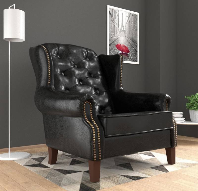 JVmoebel Ohrensessel Chesterfield Sessel 1-Sitzer Polstersofa in Schwarz Leder, Made in Europa JVmoebel Ohrensessel Chesterfield Sessel 1-Sitzer Polstersofa in Schwarz Leder, Made in Europa von JVmoebel