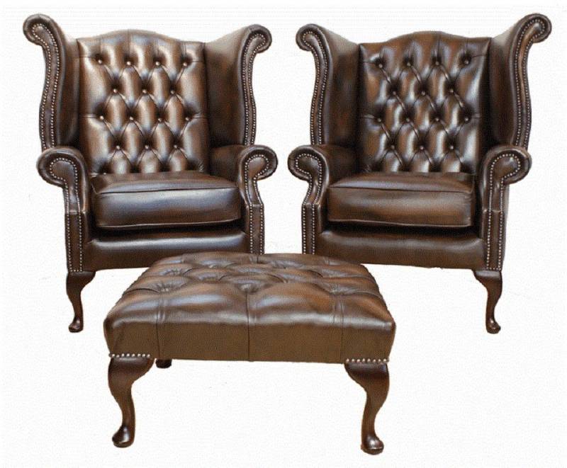 JVmoebel Ohrensessel Chesterfield Set 2x Ohrensessel+ Hocker Garnitur 100% Leder Sofort von JVmoebel