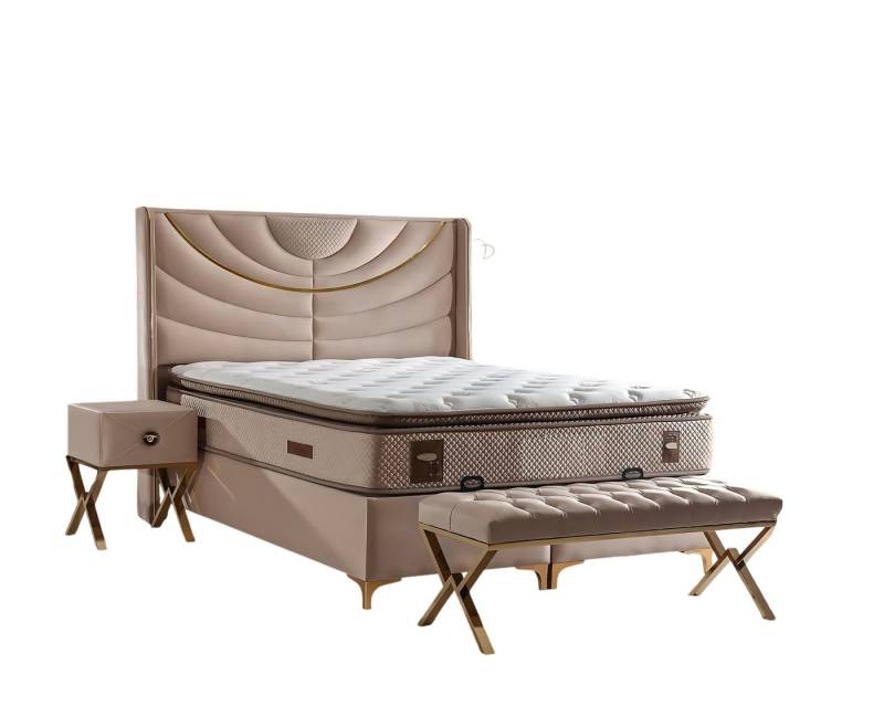 JVmoebel Polsterbett Elegantes Beiges Bett mit Matratze aus Textil und Holz (Bett mit Matratze), Made in Europe von JVmoebel