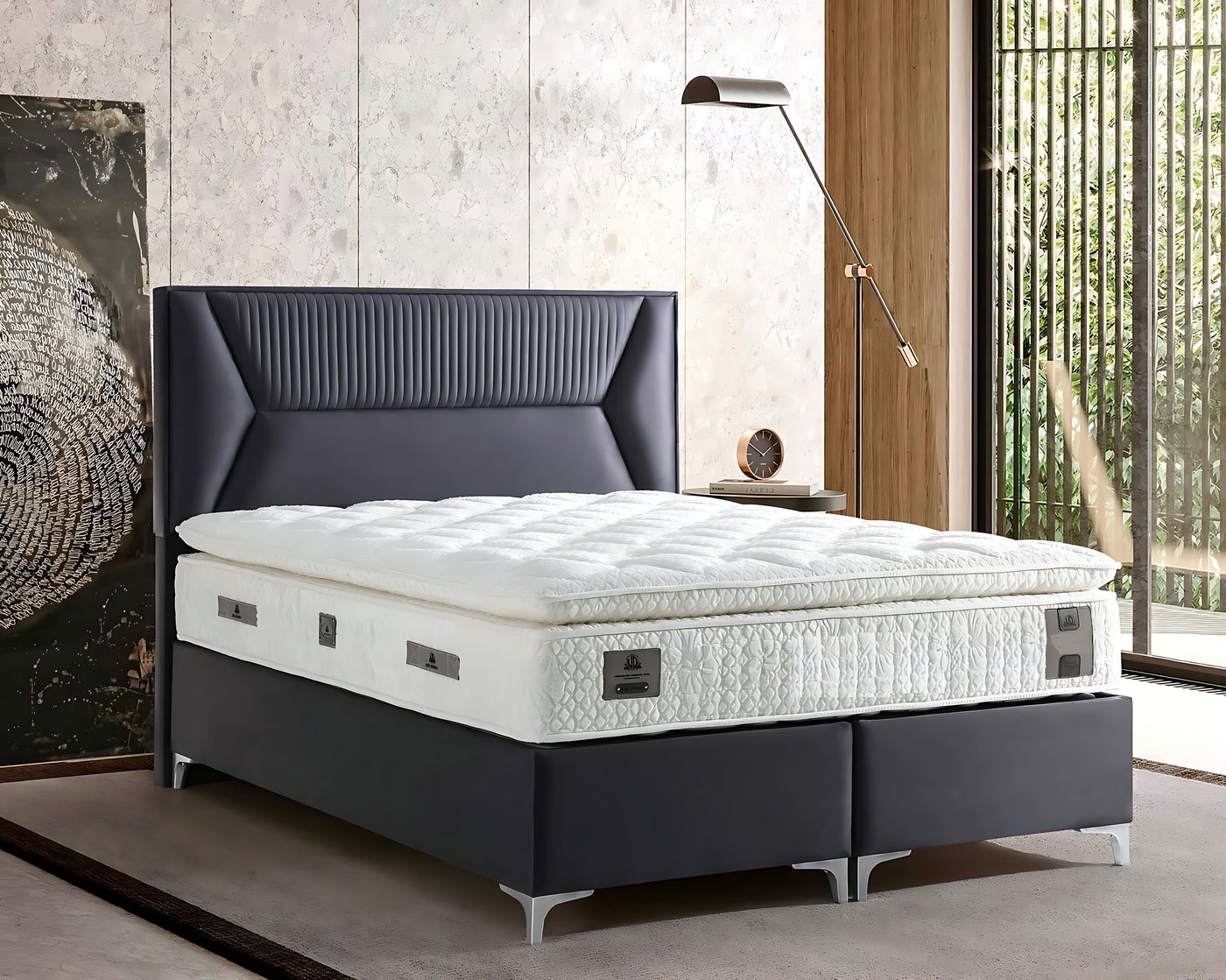 JVmoebel Polsterbett Elegantes graues Bett mit Matratze aus Textil und Holz (Bett mit Matratze), Made in Europe von JVmoebel