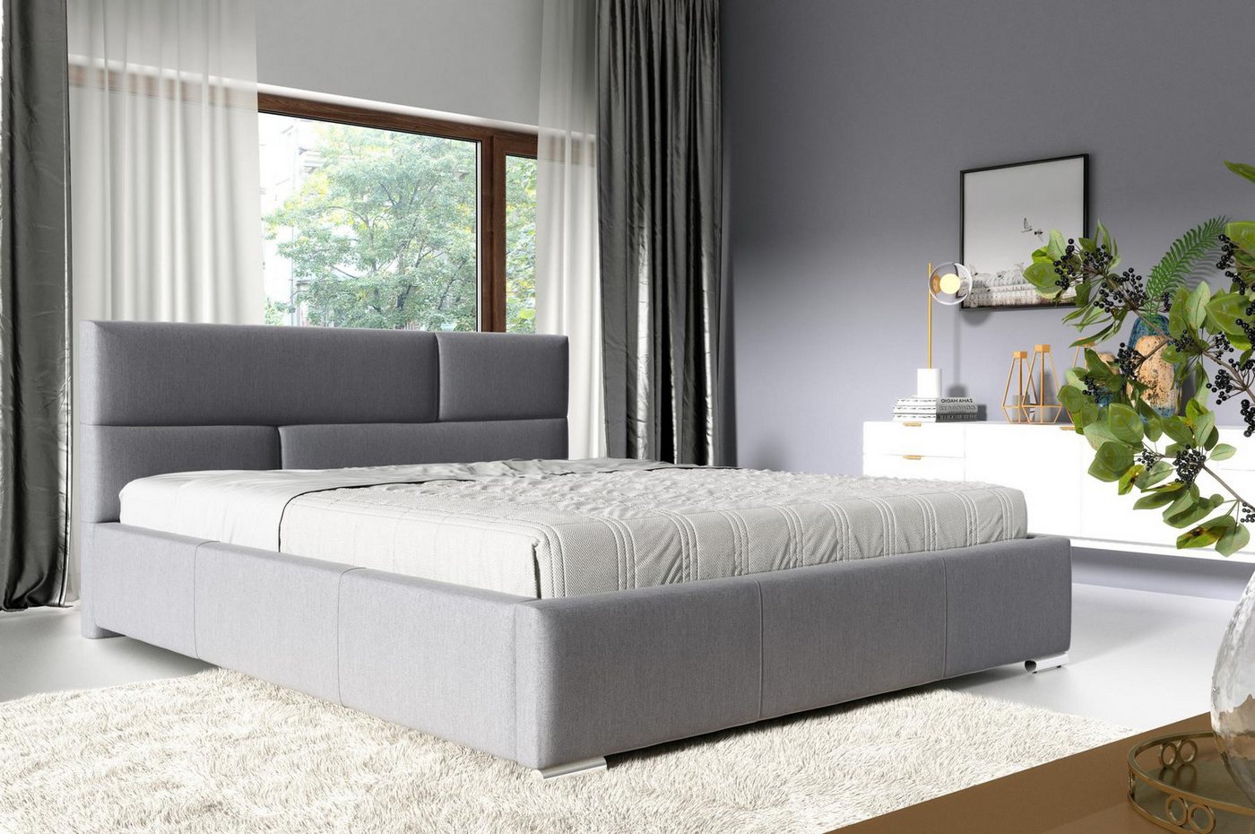 JVmoebel Polsterbett Grau Stoff Doppelbett mit Rahmen für das Schlafzimmer im Hotelstil, Made in Europa von JVmoebel