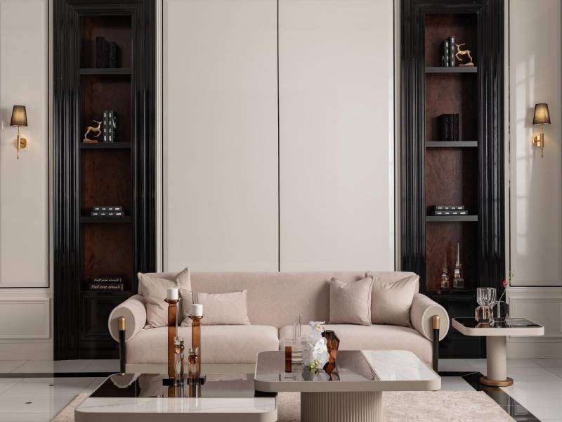 JVmoebel Polstergarnitur Beige 3-Sitzer Stoffsofa mit 4 Couchtischen für Wohnzimmer, (4-tlg., 1x 3-Sitzer + 2x Couchtisch + 1x Beistelltisch), Made in Europa von JVmoebel