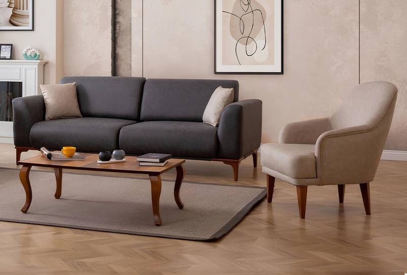 JVmoebel Polstergarnitur Beige-Schwarzes 2-teiliges Wohnzimmermöbelset mit 3-Sitzer und Sessel, (2-tlg., Wohnzimmer-Set 2tlg 3-Sitzer + Sessel), Made in Europa von JVmoebel
