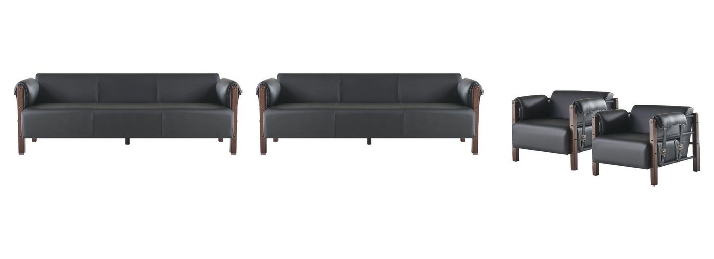JVmoebel Polstergarnitur Couch Sofas Sitzmöbel Holz 3-Sitzer 2x Sessel Schwarz Ledesofa 4tlg., (Sofa-Set 4tlg (2x 3-Sitzer + 2x Sessel), Made in Europa von JVmoebel