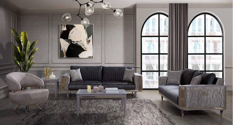 JVmoebel Sofa Designer Sofas und Tischset in Grau für das Wohnzimmer, 5 Teile, Made in Europa von JVmoebel