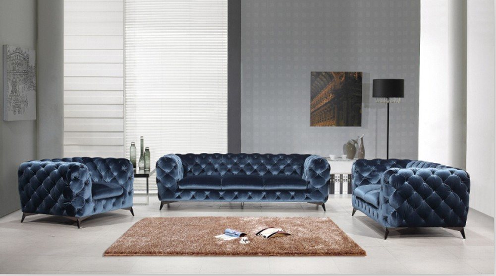 JVmoebel Polstergarnitur Elegante Blaue Chesterfield Sofa Garnitur in Textil 3+2+1, (3-tlg., Sofa 3 Sitzer + Sofa 2 Sitzer + Sessel), Made in Europa von JVmoebel
