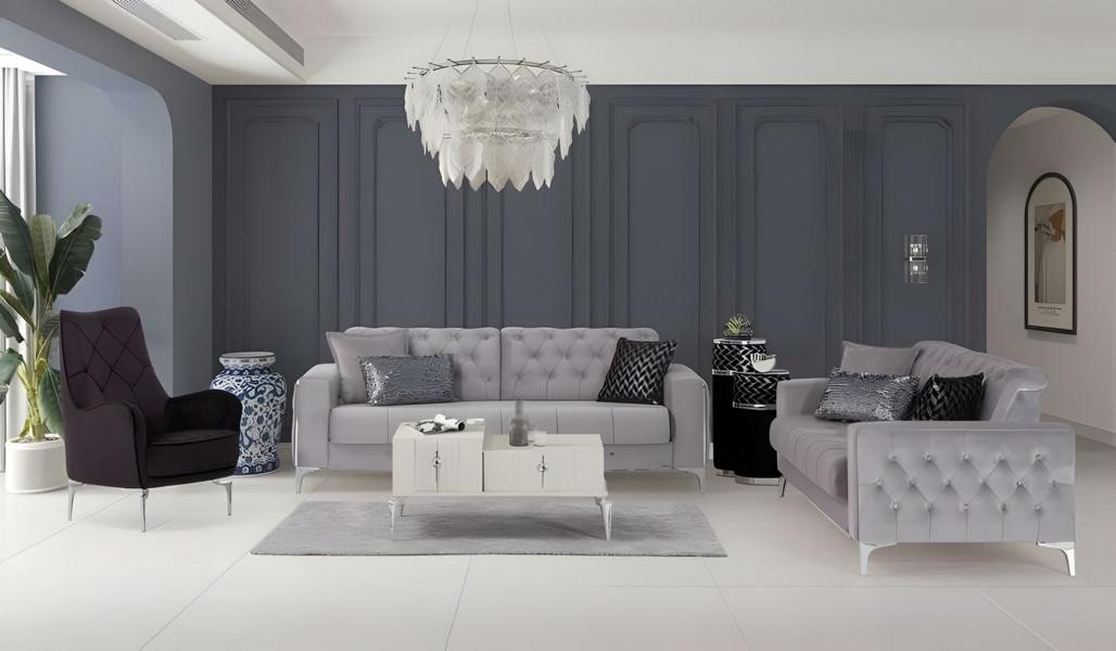JVmoebel Polstergarnitur Grau Dreisitzer Polstersofa Stoffsofa Couch 3tlg Garnitur, (3-tlg., 2x Dreisitzer, Sessel), Made in Europe von JVmoebel