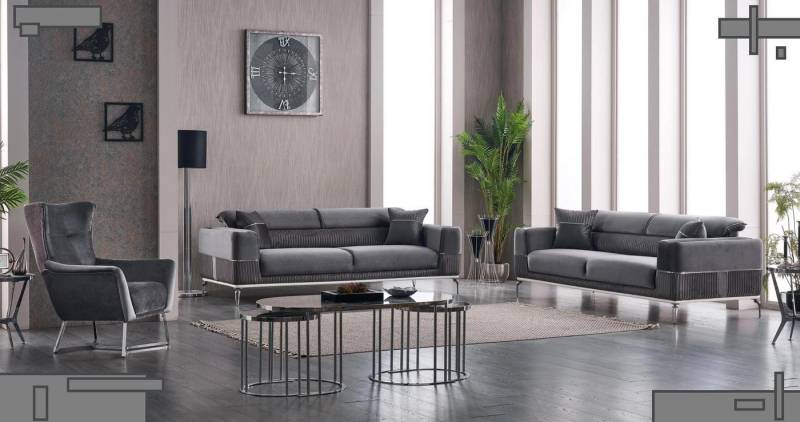 JVmoebel Polstergarnitur Grau Sofa Set für das Wohnzimmer – Textil Möbel Garnitur, (3-tlg., 2x 3-Sitzer + 1x Sessel ohne Couchtisch), Made in Europa von JVmoebel