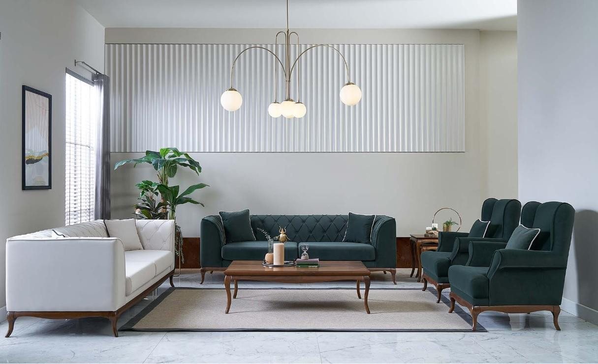 JVmoebel Polstergarnitur Grünes Stoffsofa im modernen Design - 3-Sitzer & 2-Sitzer Polster, (4-tlg., 1x 4-Sitzer + 1x 3-Sitzer + 1x Sessel + 1x Couchtisch), Made in Europa von JVmoebel