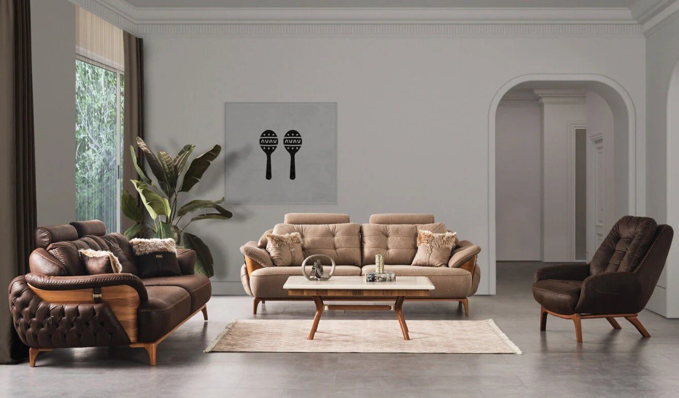 JVmoebel Polstergarnitur Lounge Garnitur Sofa Set Wohnlandschaft Polstergruppe Braun Textil, (3-tlg., Sofa 3 Sitzer, Sessel), Made in Europe von JVmoebel