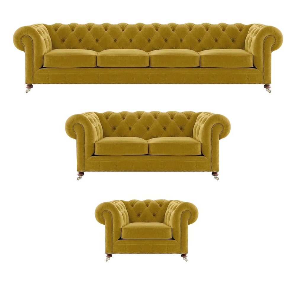 JVmoebel Polstergarnitur Luxuriöser Gelber Chesterfield Sessel im 4+2+1 Design für Wohnzimmer, (3-tlg., 1x 4-Sitzer Sofa+1x 2-Sitzer Sofa+1x Sessel), Made in Europa von JVmoebel
