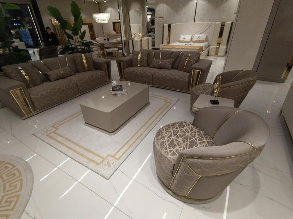 JVmoebel Polstergarnitur Moderne Textil-Sofagarnitur 3+1+1 mit Couchtisch und Wohnwand, (6-tlg., 2x Sofa 3 Sitzer + 2x Sessel + Couchtisch + Wohnwand), Made in Europa von JVmoebel