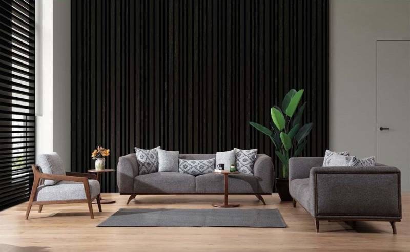 JVmoebel Polstergarnitur Moderne graue Sofa-Garnitur mit 2 Dreisitzern und Sessel, (4-tlg., 2x 3-Sitzer + 1x Sessel + 2x Beistelltisch), Made in Europa von JVmoebel