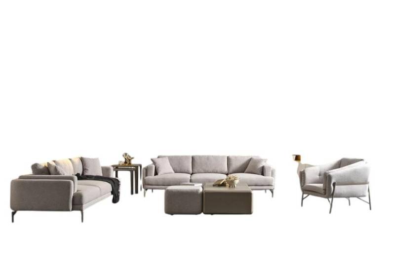 JVmoebel Polstergarnitur Modernes Wohnzimmer Set mit beigen Textilsofas, Couchtischen, (2-tlg., 2x 3 Sitzer Sofas, Sessel, Couchtisch 1, Hocker, Couchtisch 2), Made in Europe von JVmoebel