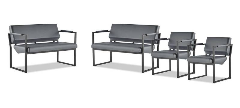 JVmoebel Polstergarnitur Sofa-Set 2x 2-Sitzer + 2x Sessel Schwarz Kunstleder Schwarz Edelstahl, (4-tlg., Sofa-Set 4tlg (2x 2-Sitzer + 2x Sessel), Made in Europa von JVmoebel