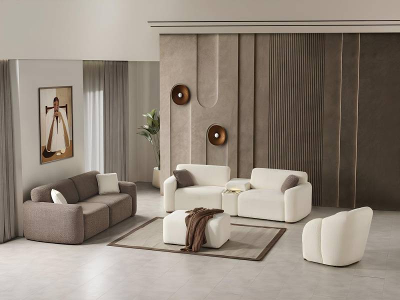 JVmoebel Polstergarnitur Sofa Set Big 4-Sitzer + Sofa 3-Sitzer + Puff + Sessel Beige Textil, (4-tlg., Sofa 4 Sitzer + Sofa 3 Sitzer + Puff + Sessel), Made in Europa von JVmoebel