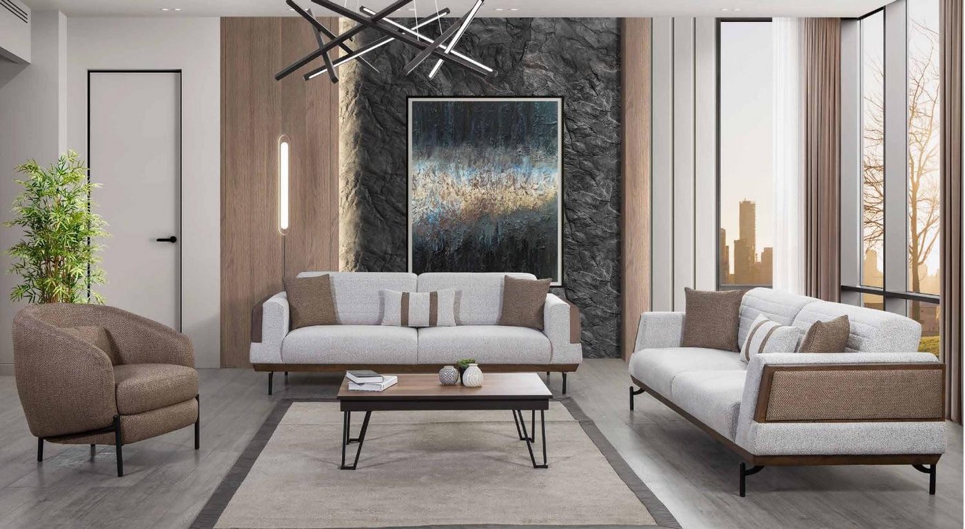 JVmoebel Polstergarnitur Sofagarnitur in Weiß-Braun für Wohnzimmer + Couchtisch Set, (4-tlg., 2x 3-Sitzer + 1x Sessel + 1x Couchtisch), Made in Europa von JVmoebel
