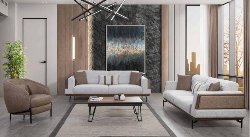JVmoebel Polstergarnitur Sofagarnitur in Weiß-Braun für Wohnzimmer + Couchtisch Set, (4-tlg., 2x 3-Sitzer + 1x Sessel + 1x Couchtisch), Made in Europa von JVmoebel