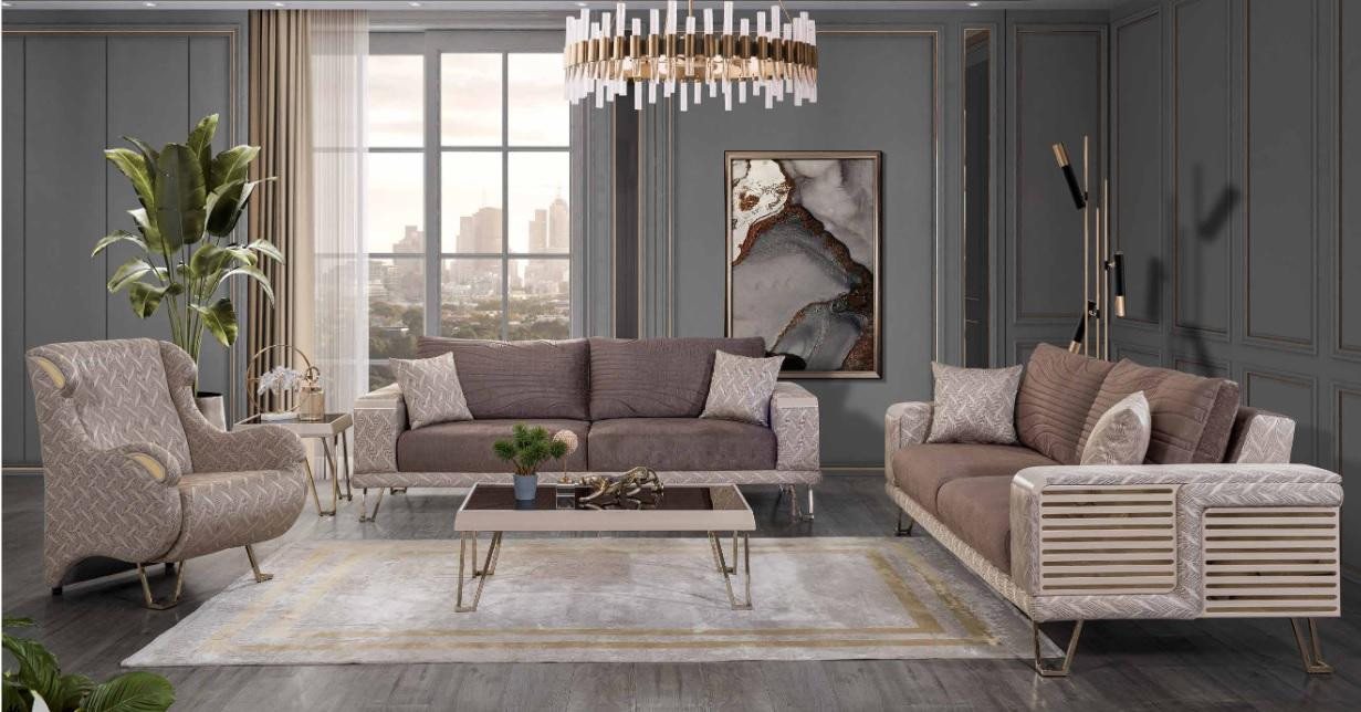 JVmoebel Polstergarnitur Stilvolle Sofagarnitur in Braun-Beige mit Designer Couchtisch, (5-tlg., 2x 3-Sitzer + 1x Sessel + 1x Couchtisch + 1x Beistelltisch), Made in Europa von JVmoebel