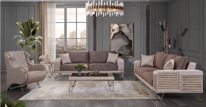 JVmoebel Polstergarnitur Stilvolle Sofagarnitur in Braun-Beige mit Designer Couchtisch, (5-tlg., 2x 3-Sitzer + 1x Sessel + 1x Couchtisch + 1x Beistelltisch), Made in Europa von JVmoebel