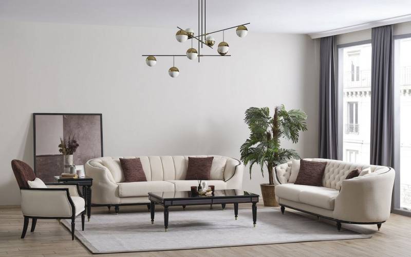 JVmoebel Polstergarnitur Weißes Wohnzimmer Set 5-tlg: Sofagarnitur mit Couchtisch und Tisch, (5-tlg., 2x 3-Sitzer + 1x Sessel + 1x Couchtisch + 1x Beistelltisch), Made in Europa von JVmoebel