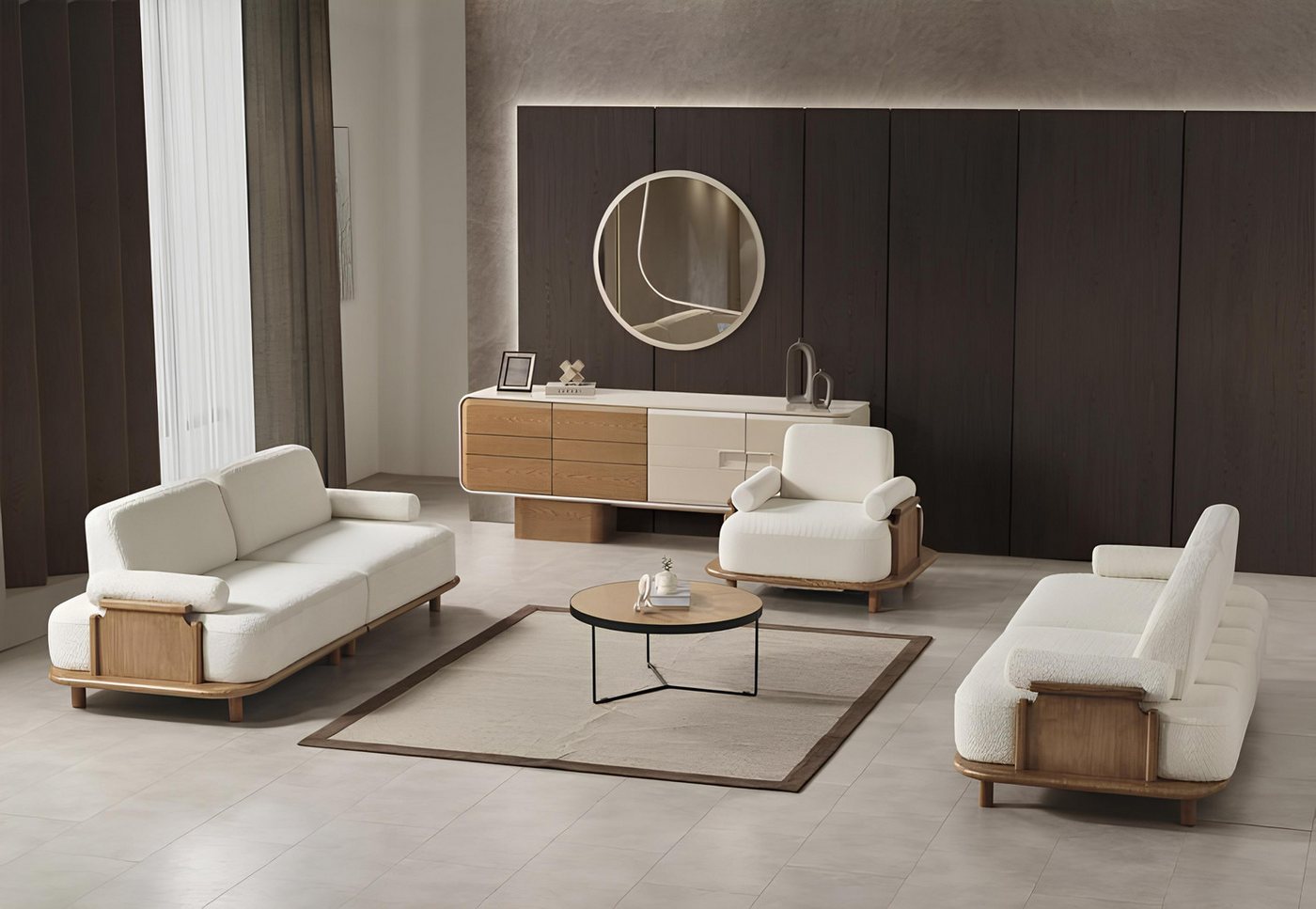 JVmoebel Polstergarnitur Wohnzimmer Set Sofa 3-Sitzer Sessel Konsole Spiegel Weiß Stoff Glas, (5tlg. Wohnzimmer Set (2x Sofa 3 Sitzer + Sessel + Konsole + Spiegel), Made in Europa von JVmoebel