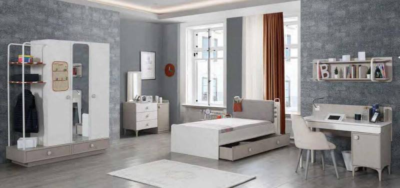 JVmoebel Schlafzimmer-Set Jugendzimmer Bett Kommode Kleiderschrank Schreibtisch Holz Möbel 4tlg, Made in Europa von JVmoebel