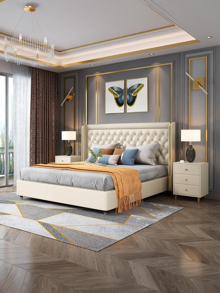 JVmoebel Schlafzimmer-Set Schlafzimmer Bett Nachttische 3 tlg. Set Betten Leder Doppelbett Blau, Made in Europa von JVmoebel
