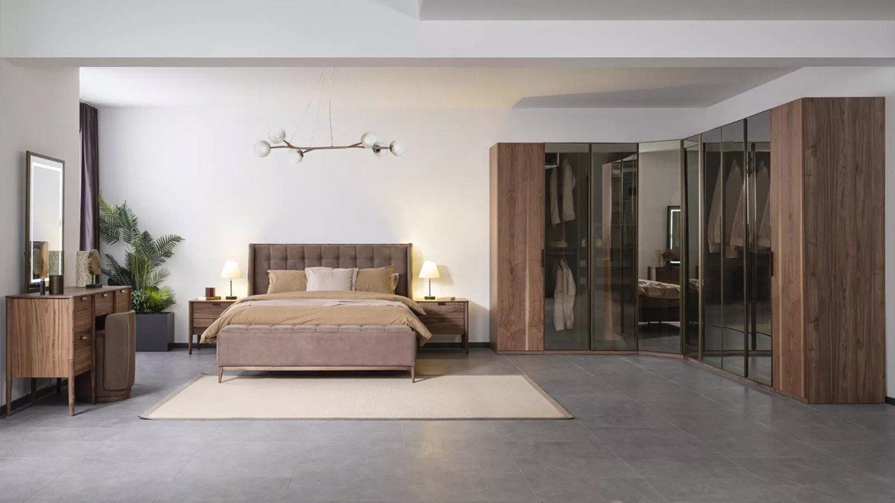 JVmoebel Schlafzimmer-Set Schlafzimmer Glas Schrank Nachttisch Kommode Hocker Komplettes Set, Made in Europa von JVmoebel