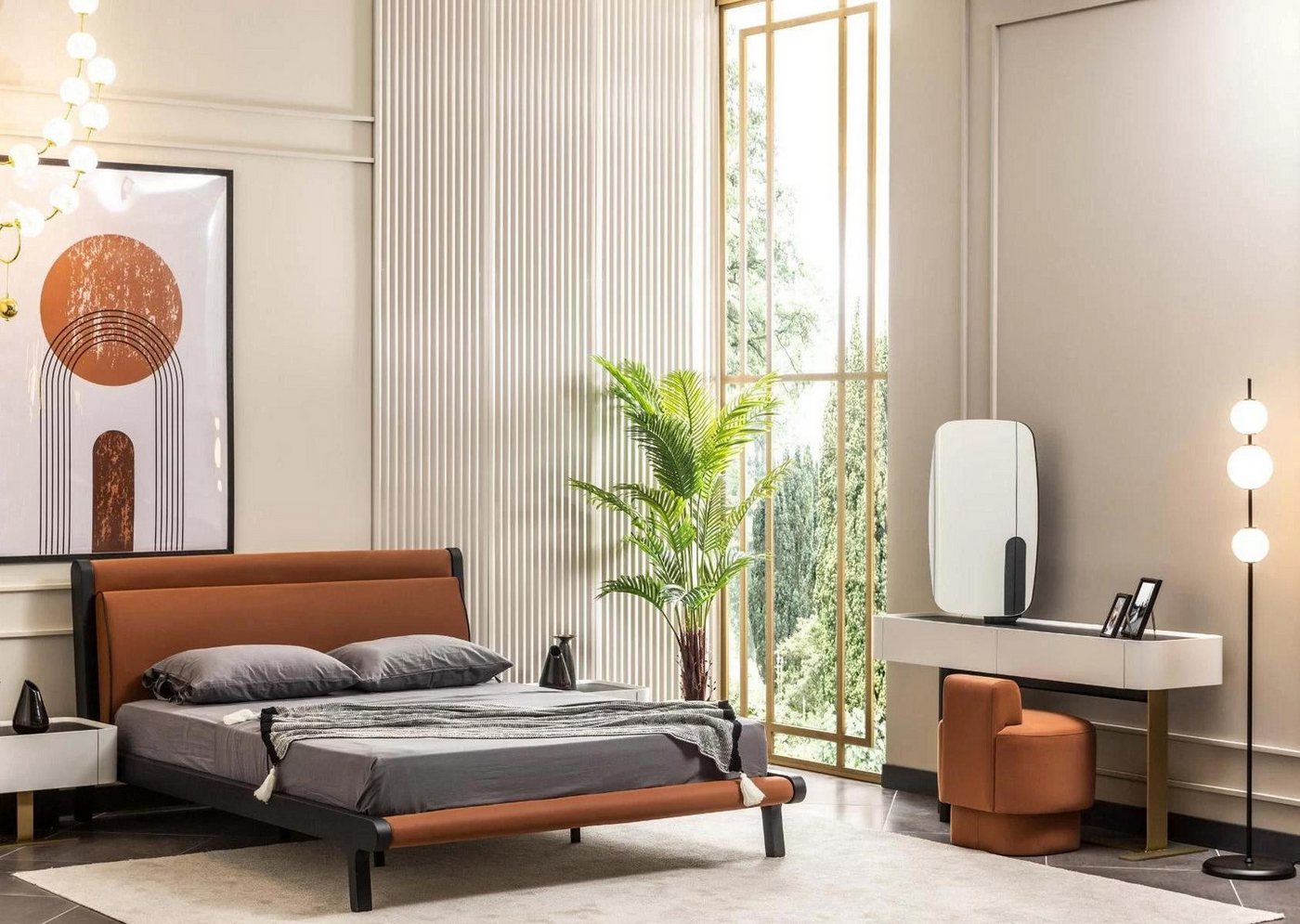 JVmoebel Komplettschlafzimmer 5-teiliges Schlafzimmer Set mit Doppelbett und Nachttischen in Orange, (5-tlg., 1x Bett + 2x Nachttische + 1x Konsole + 1x Spiegel + 1x Puff), Made in Europa von JVmoebel