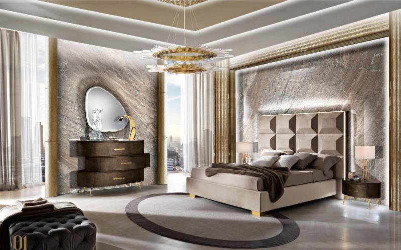 JVmoebel Schlafzimmer-Set 5-teiliges Schlafzimmer-Set: Bett, Nachttisch, Kommode, Spiegel, (5-tlg), Made in Europa von JVmoebel