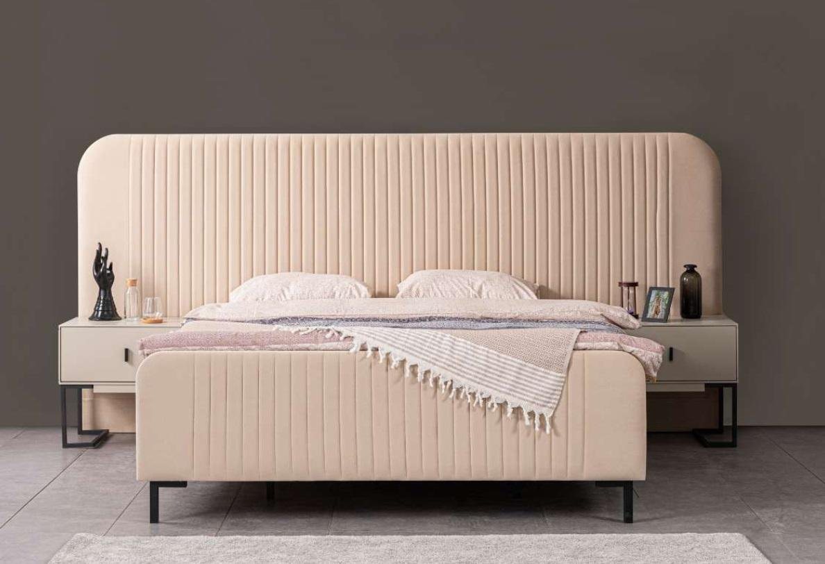 JVmoebel Schlafzimmer-Set Beige Bett 2x Nachttische 3tlg. Set Schlafzimmer Luxus Möbel Neu, (3-St., Bett + 2x Nachttische), Made in Europe von JVmoebel