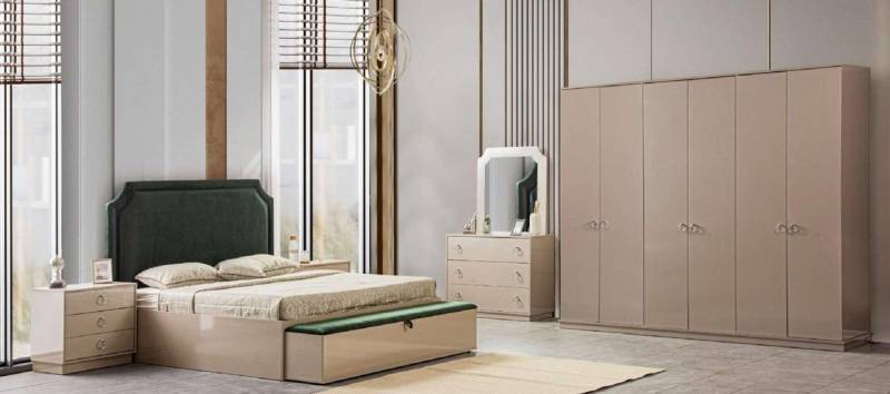 JVmoebel Schlafzimmer-Set Beige Bett Nachttische Kleiderschrank 5tlg. Schlafzimmer Design Neu, (5-tlg., Bett + Bank + 2x Nachttische + Kleiderschrank + Kommode), Made in Europa von JVmoebel
