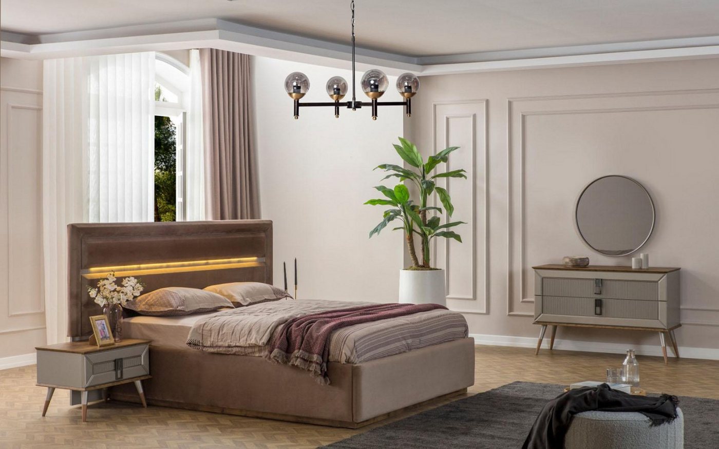 JVmoebel Schlafzimmer-Set Beige Luxus Schlafzimmermöbel Set: Designer Doppelbett & 2 Nachttische, (5-tlg., 1x Bett+2x Nachttische+1x Kommode+1x Spiegel), Made in Europa von JVmoebel