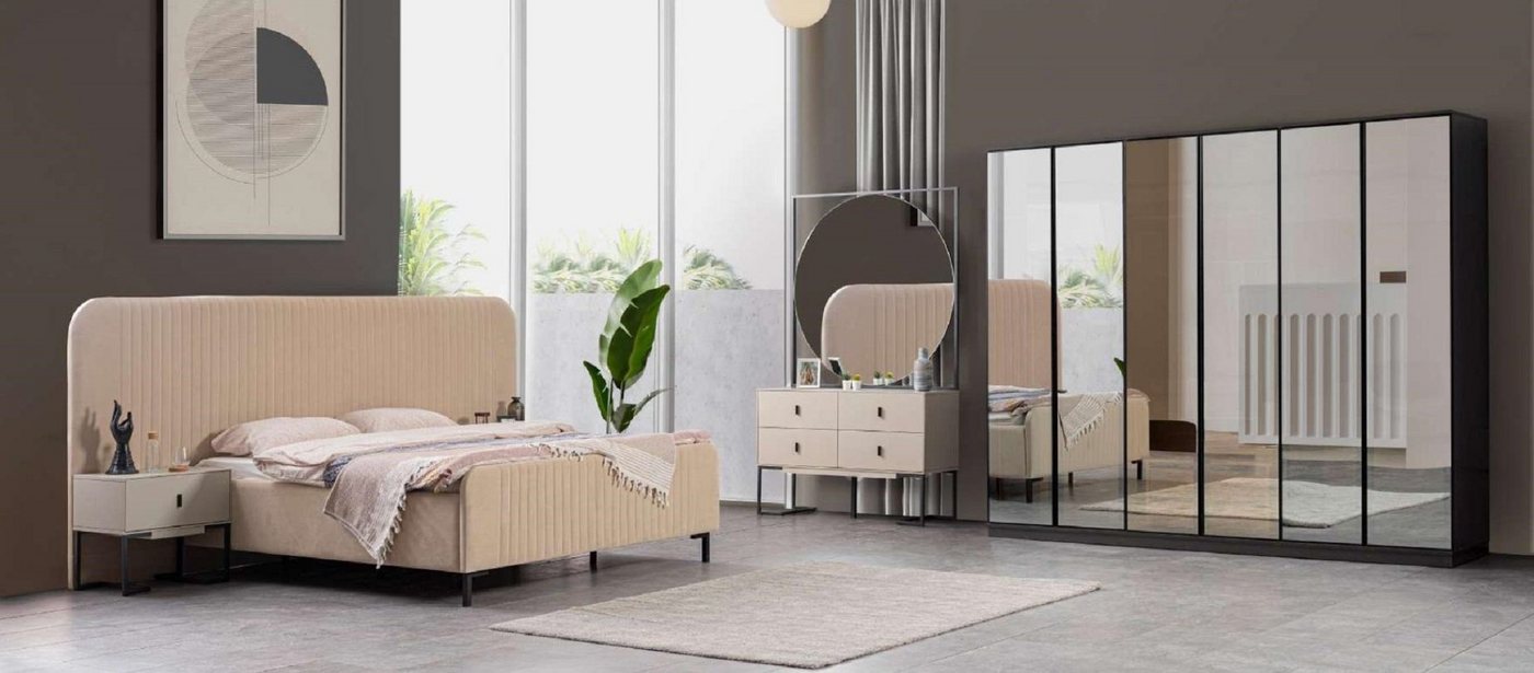 JVmoebel Schlafzimmer-Set Beige Schlafzimmer Bett 2x Nachttische Schminktisch Designer 5tlg., (5-tlg., Bett + 2x Nachttische + Kleiderschrank + Schminktisch), Made in Europa von JVmoebel