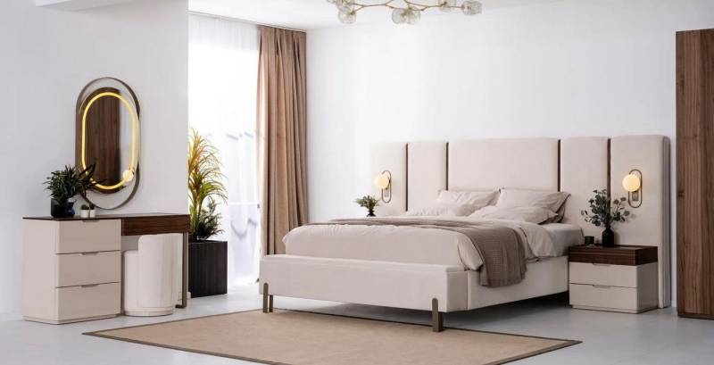 JVmoebel Schlafzimmer-Set Beige Schlafzimmer Garnitur Edles Doppelbett Textil Hocker, (6-tlg), Made in Europa von JVmoebel