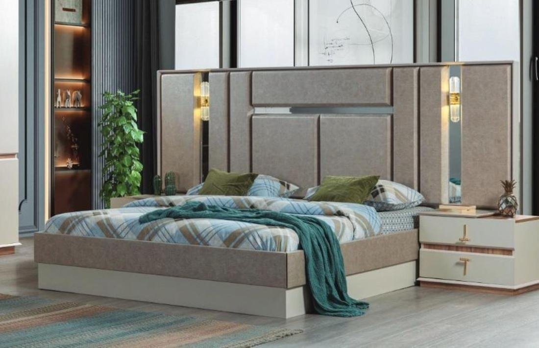 JVmoebel Schlafzimmer-Set Beige Schlafzimmer Möbel Luxus Betten Designer Nachttische Einrichtung, (3-St., Bett/2x Nachttische), Made in Europa von JVmoebel