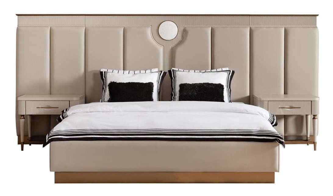 JVmoebel Polsterbett Beige Stoff Schlafzimmermöbel Set mit Doppelbett und Nachttischen (3-tlg., 1x Doppelbett + 2x Nachttische), Made in Europa von JVmoebel