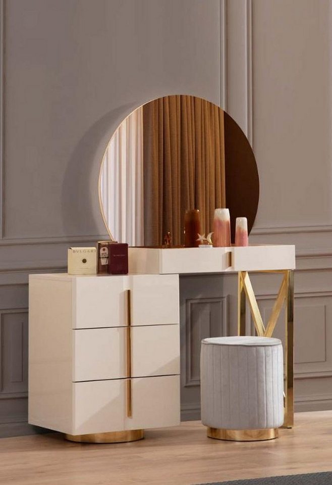 JVmoebel Schlafzimmer-Set Beiger Schminktisch Edelstahl Möbel Schlafzimmer Sitzhocker 2tlg Set, (2-tlg., Schminktisch mit Spiegel + Hocker), Made in Europa von JVmoebel