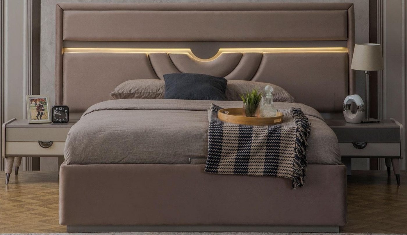JVmoebel Polsterbett Beiges 3-teiliges Set: Doppelbett mit Nachttischen und Bettkasten (3-tlg., 1x Bett + 2x Nachttische), Made in Europa von JVmoebel