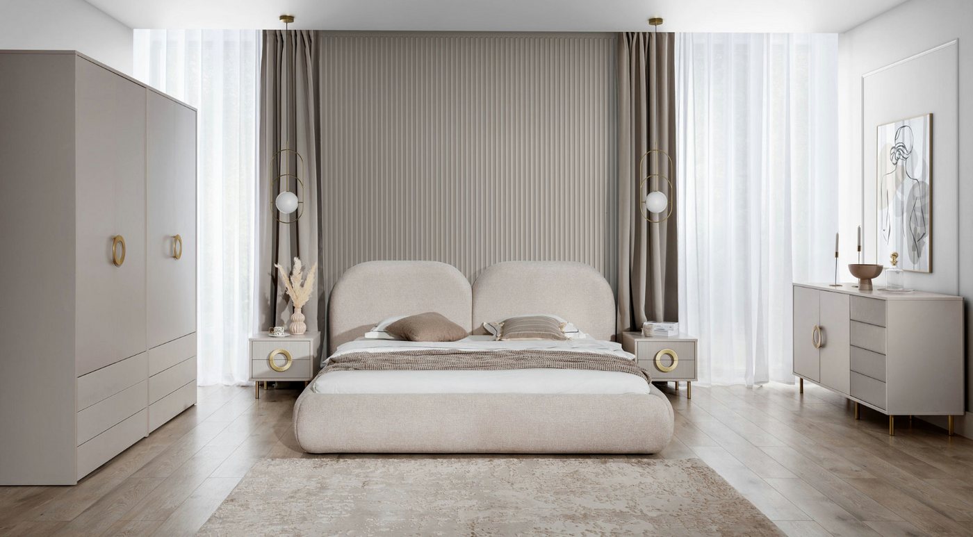 JVmoebel Schlafzimmer-Set Beiges Schlafzimmer Set Doppelbett Kleiderschrank Kommode, (5-tlg., 1x Bett+2x Nachttische+1x Kleiderschrank+1x Kommode), Made in Europa von JVmoebel