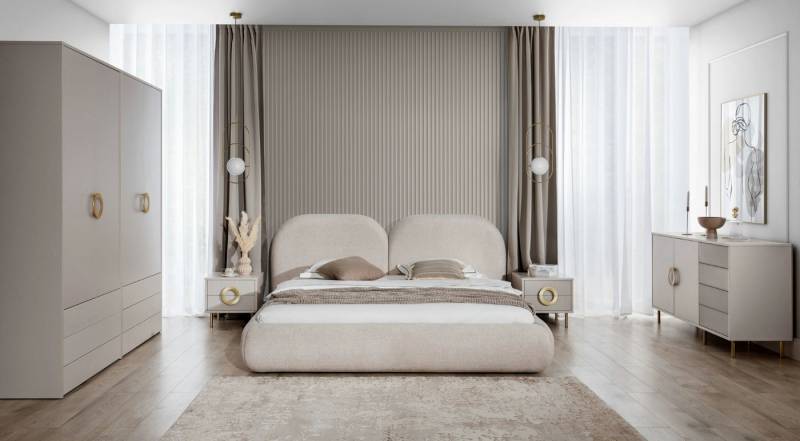 JVmoebel Schlafzimmer-Set Beiges Schlafzimmer Set Doppelbett Kleiderschrank Kommode, (5-tlg., 1x Bett+2x Nachttische+1x Kleiderschrank+1x Kommode), Made in Europa von JVmoebel
