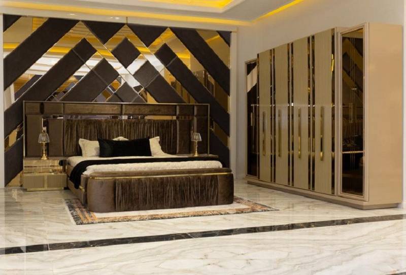 JVmoebel Schlafzimmer-Set Bett Bank 2x Nachttische Kleiderschrank Gold Edelstahl Schlafzimmer, (5-tlg., Schlafzimmer-Set), Made in Europa von JVmoebel
