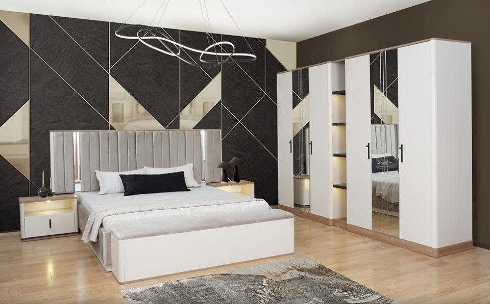 JVmoebel Schlafzimmer-Set Bett Bank 2x Nachttische Kleiderschrank Verspiegelt Weiß Schlafzimmer, (5-tlg., Schlafzimmer-Set), Made in Europa von JVmoebel