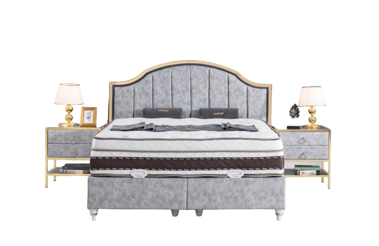 JVmoebel Schlafzimmer-Set Bett Grau Metall Stoff Design Luxus 2x Nachttische 3tlg. Neu, (3-St., Bett/2x Nachttische), Made in Europa von JVmoebel