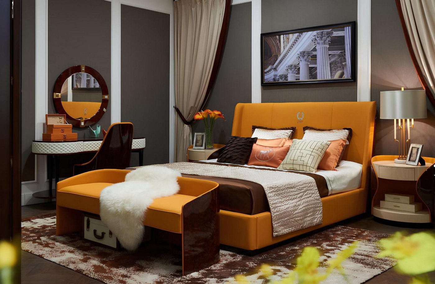 JVmoebel Schlafzimmer-Set Bett Nachttisch Hocker 4 tlg. Schlafzimmer Set Design Modern Luxus, (4 tlg.Schlafzimmer Set(Bett + 2x Nachttisch + Bench), Made in Europa von JVmoebel