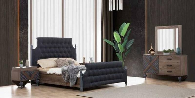 JVmoebel Schlafzimmer-Set Bett Nachttisch Kommode mit Spiegel Set Design Chesterfield 4 tlg., Made in Europa von JVmoebel