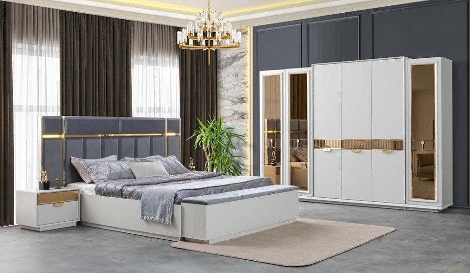 JVmoebel Schlafzimmer-Set Bett Nachttische Kleiderschrank Verspiegelt Bank Weiß Gold Blau, (5-tlg., Schlafzimmer-Set), Made in Europa von JVmoebel