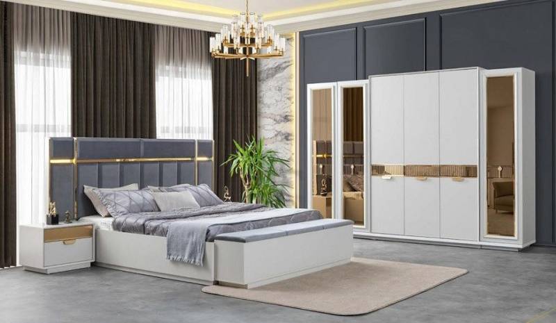 JVmoebel Schlafzimmer-Set Bett Nachttische Kleiderschrank Verspiegelt Bank Weiß Gold Blau, (5-tlg., Schlafzimmer-Set), Made in Europa von JVmoebel